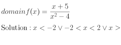 The domain of f(x)=(x+5)/(x^2-4) is x<-2\lor-2<x<2\lor x>2